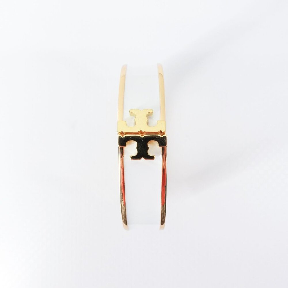 Tory Burch Enameled Kira Logo Hinged Bracelet Gold/ Ivory OS - Picture 2 of 10
